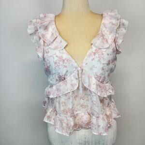 Floral Bow Ribbon Ruffle Top Blouse Size XL Pink Cutout Back Sleeveless Coquette
